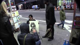 Banksy getting portrait drawn in Times Square NYC [upl. by Otis766]