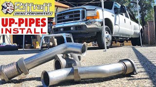 2001 F350 73  RiffRaff UpPipes Install  Stock up pipes leaking and falling apart JUNK SP [upl. by Cooley]