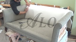 DIY  HOW TO REUPHOLSTER A COUCH WITH ROLL ARMS  ALO Upholstery [upl. by Ahsikad]